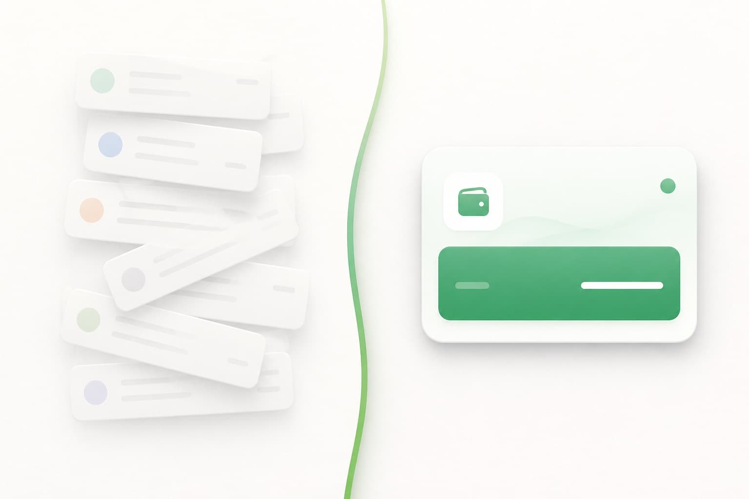 Token-list chaos fading into one clean money-app balance.