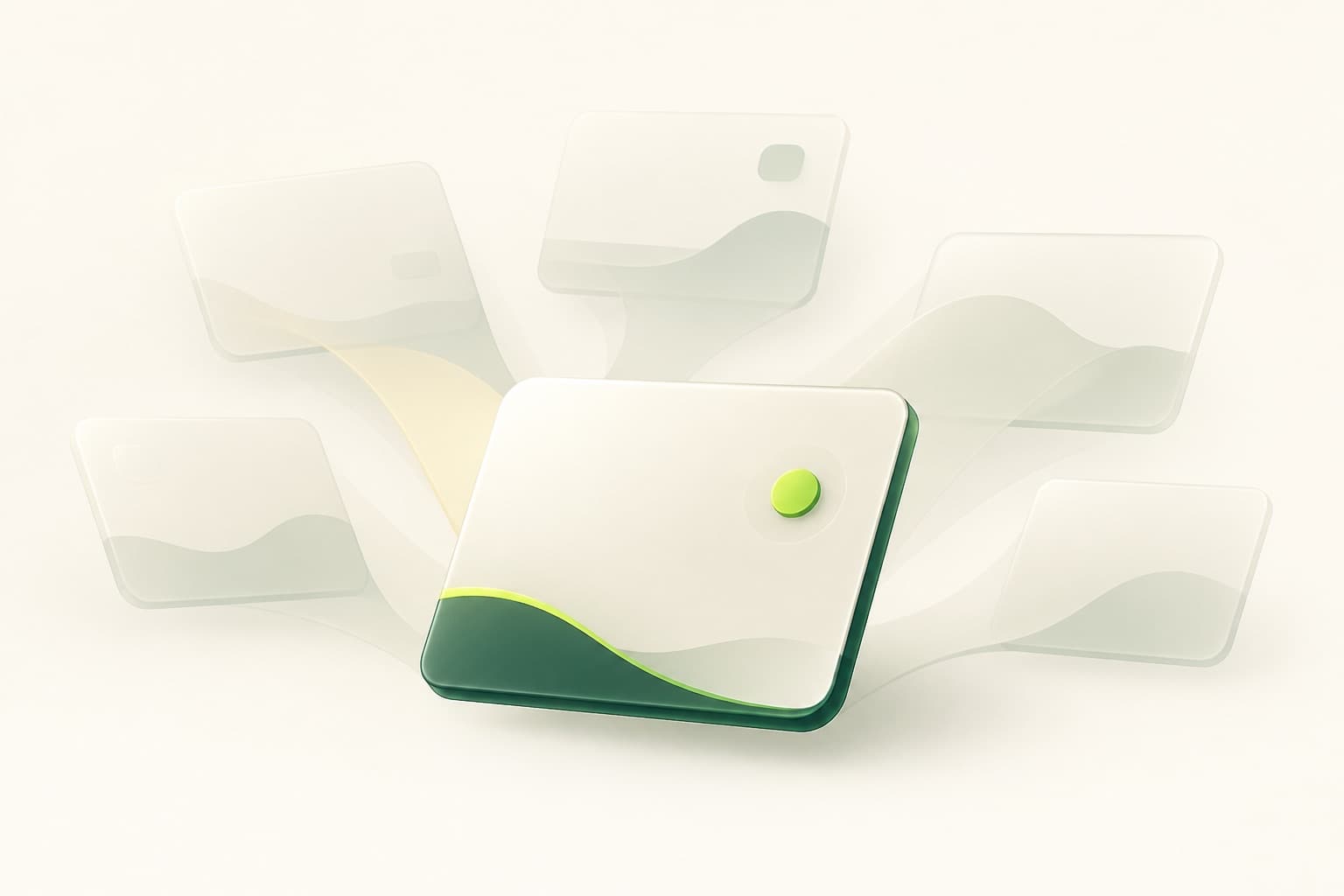 Scattered wallets merging into one spendable balance card.