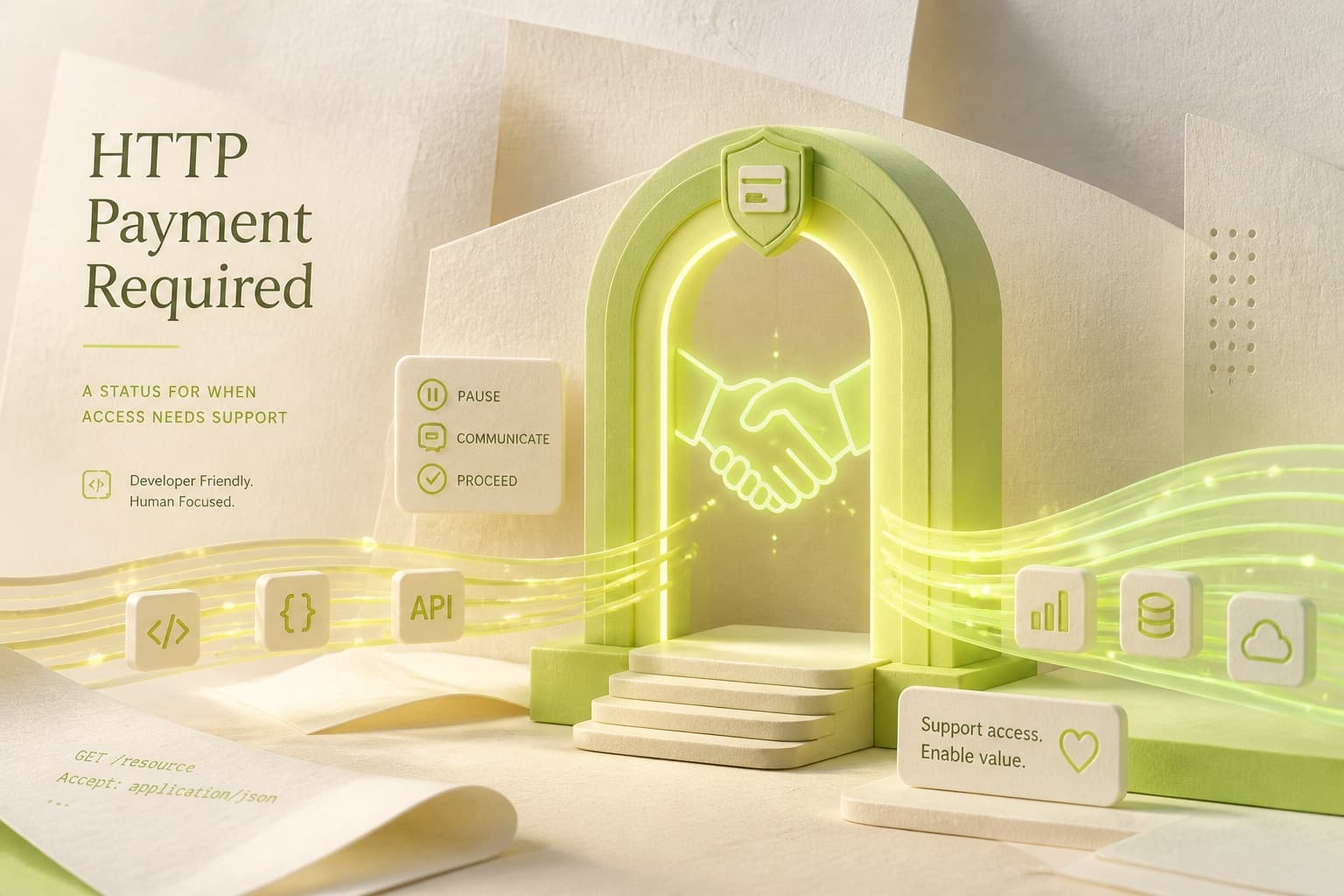 Payment Required as a glowing gateway — the API pay handshake without a form.